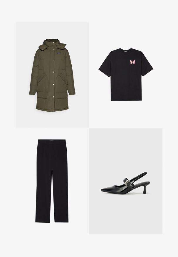 Patagonia DOWNDRIFT PARKA - Casaco de penas - pine needle green; T-shirt de algodão preto com mangas curtas, apresentando um pequeno gráfico de borboleta rosa no lado esquerdo do peito. Design de gola redonda com um corte solto.; Calças de veludo cotelê pretas com corte reto, apresentando uma cintura lisa e sem bolsos visíveis, textura suave e detalhe de riscas verticais.; Saltos slingback em verniz preto com bico pontiagudo e um pequeno salto bloco, apresentando um detalhe de fivela prateada na tira.