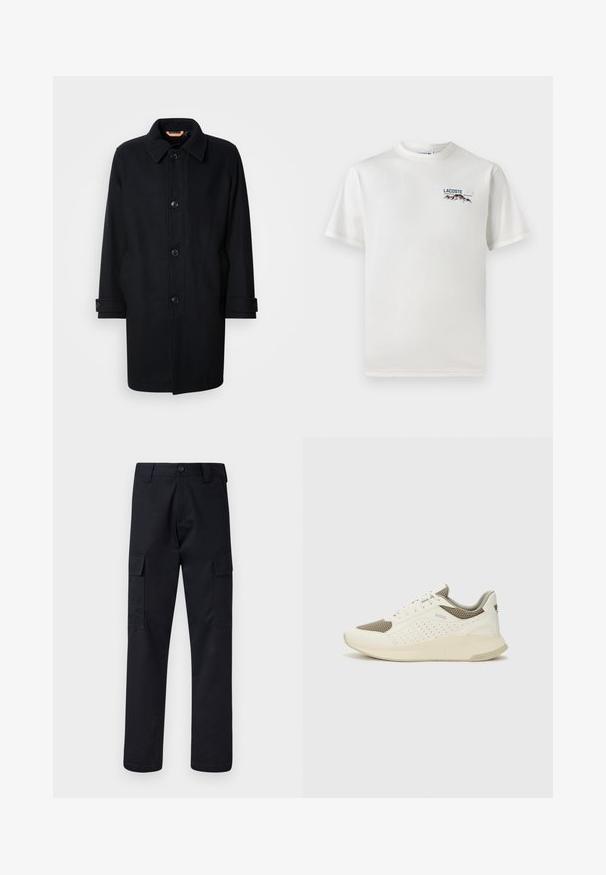 Μαύρο μαλλί παλτό με κλασικό σχέδιο, κλείσιμο με κουμπιά, κολάρο με αιχμές και ρυθμιζόμενους καρπούς. Λείος υφασμάτινος χαρακτήρας, με μήκος μέχρι το γόνατο.; Λευκό βαμβακερό T-shirt με στρογγυλή λαιμόκοψη, κοντά μανίκια και ένα μικρό κεντημένο λογότυπο που απεικονίζει βουνά και κείμενο στην αριστερή πλευρά του στήθους.; Μαύρο cargo παντελόνι φτιαγμένο από ανθεκτικό ύφασμα, με κανονική γραμμή στα πόδια, δύο πλαϊνές τσέπες και κουμπί στο κλείσιμο της μέσης.; Λευκό και ανοιχτό μπεζ αθλητικό παπούτσι, με επάνω μέρος από διχτυωτό υλικό, διακοσμήσεις με περφορέ και υφή στην ενδιάμεση σόλα με επωνυμία στη φτέρνα.