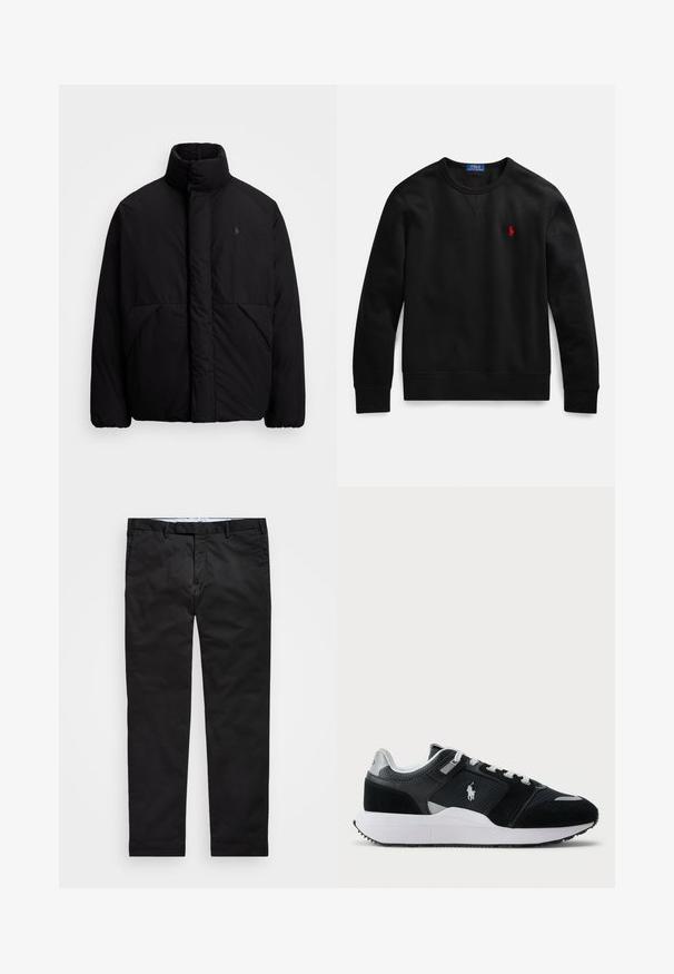 Geacă puf neagră cu guler înalt, cu un design minimalist, două buzunare frontale și un mic logo pe piept. Textură netedă.; Hanorac negru cu guler rotund, realizat din bumbac, având un mic logo roșu pe pieptul stâng și manșete și tiv striate.; Chino negri cu croială dreaptă, confecționați dintr-un amestec de bumbac, având zip pentru cataramă, bucle pentru curea și buzunare laterale. Textură netedă.; Tenisi negri și albi cu design low-top, cu umple din plasă și piele de nubuc, șireturi albe, talpă albă și un logo cu jucător de polo pe lateral.