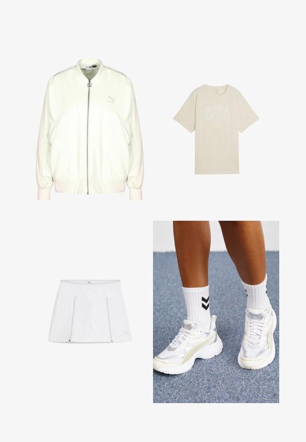 Creme bomberjakke med frontlynlås, ribbede manchetter og kant, samt et diskret logo på brystet. Blød tekstur og afslappet pasform.; Beige bomulds t-shirt med en afslappet pasform, der har et hvidt grafisk design med teksten "PUMA sports club" og et lille logo ovenfor.; Hvid sports nederdel med en flad taljebånd, lynlåslommer på begge sider og et logo detaljeret i nederste højre hjørne. Glat, letvægts stof.; Hvide sneakers med sølvdetaljer, mesh-materiale og chunky design. Parret med hvide sokker med sorte chevronmønstre.