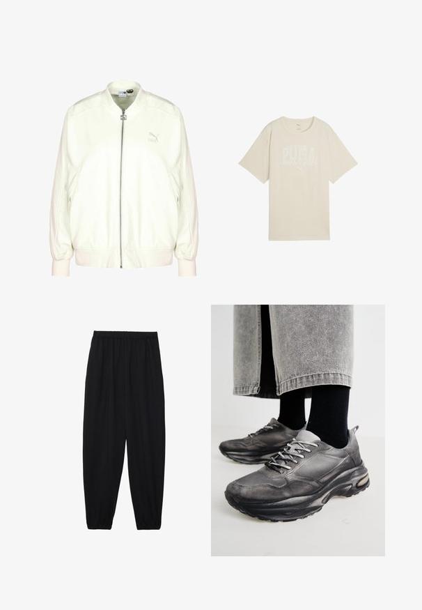 Cremefarbene Bomberjacke mit einem frontalen Reißverschluss, gerippten Bündchen und Saum sowie einem dezenten Logo auf der Brust. Weiche Textur und entspanntes Fit.; Beige Baumwoll-T-Shirt mit lockerer Passform, versehen mit einem weißen Grafisches Design, das "PUMA Sports Club" sagt, sowie einem kleinen Logo darüber.; Schwarze, leichte Hosen mit einem elastischen Bund und gerafften Knöcheln. Der Stoff ist glatt und hat ein entspanntes, schmal zulaufendes Design.; Schwarze und graue Sportschuhe verfügen über ein Obermaterial aus Mesh, dicke Sohlen und Schnürsenkel. Sie haben eine abgerundete Zehenpartie und sichtbare Dämpfungsdetails.