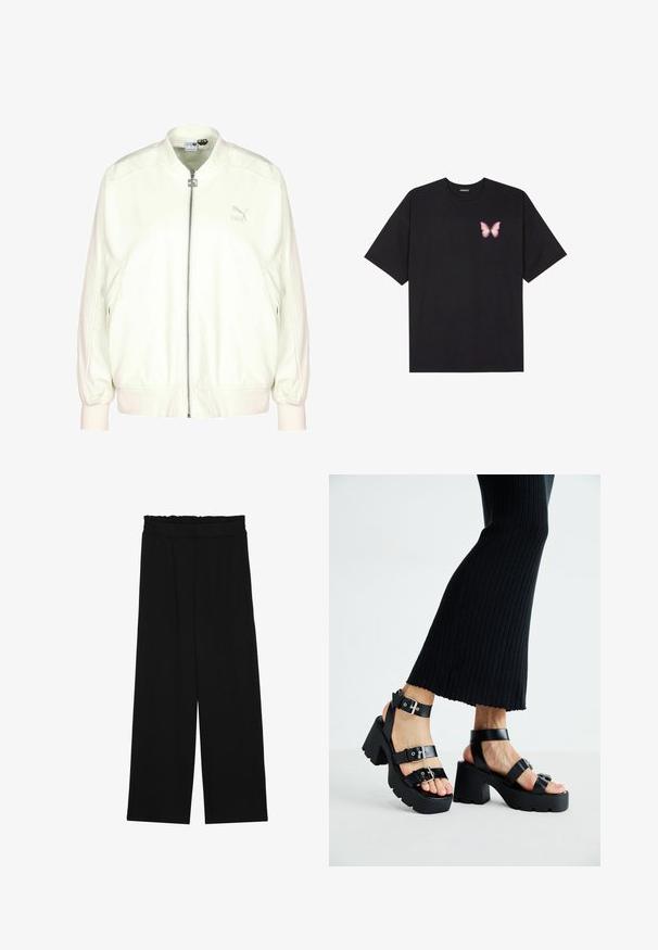 Cremefarbene Bomberjacke mit einem frontalen Reißverschluss, gerippten Bündchen und Saum sowie einem dezenten Logo auf der Brust. Weiche Textur und entspanntes Fit.; Schwarzes Baumwoll-T-Shirt mit kurzen Ärmeln, das ein kleines pinkes Schmetterlingsmotiv auf der linken Brust zeigt. Crewneck-Design mit einem entspannten Schnitt.; Schwarze weit geschnittene Hose mit einem gerüschten Bund, ausgestattet mit zwei Seitentaschen und einem glatten, leichten Stoff. Keine sichtbaren Muster oder Beschläge.; Schwarze Plattform-Sandalen mit robusten, profilierten Sohlen und mehreren Riemen, ausgestattet mit metallischen Schnallen und einer glatten, lederähnlichen Textur.