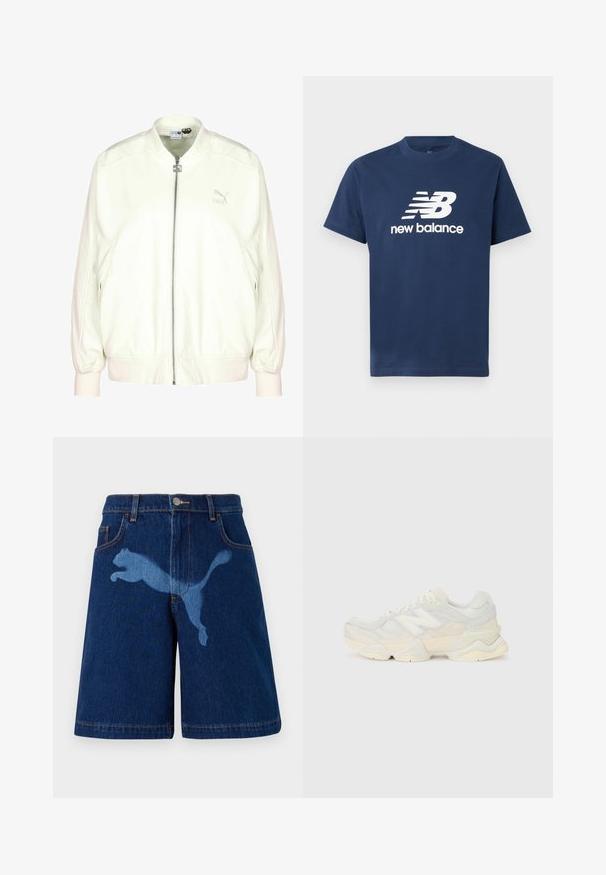 Cream bomber jacket with a front zipper, ribbed cuffs and hem, and a discreet logo on the chest. Soft texture and relaxed fit.; Navy blue cotton t-shirt with short sleeves and a crew neckline. Features a white "NB" logo and "new balance" text on the front.; Denim shorts in dark blue featuring a light blue silhouette of a leaping cat. Classic design with five pockets and visible stitching details.; Lightweight sneaker featuring a mesh and suede upper in soft cream tones, with a chunky sole and three-dimensional accents.