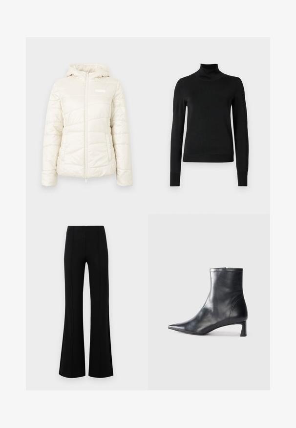 Kurtka puchowa w kolorze kremowym, z zamkiem z przodu, kapturem i pikowaną teksturą z poziomymi szwami. Zawiera małe logo na klatce piersiowej.; Czarny sweter z długim rękawem i stojącym kołnierzem, z prążkowanymi mankietami i dołem, zaprezentowany na białym tle.; Czarne rozszerzane spodnie z wysokim stanem, wykonane z elastycznego materiału. Posiadają pionowe szwy z przodu oraz gładką teksturę.; Czarne skórzane botki sięgające kostki z ostrym noskiem i eleganckim designem. Posiadają niski obcas oraz zamek błyskawiczny z tyłu. Gładka faktura.