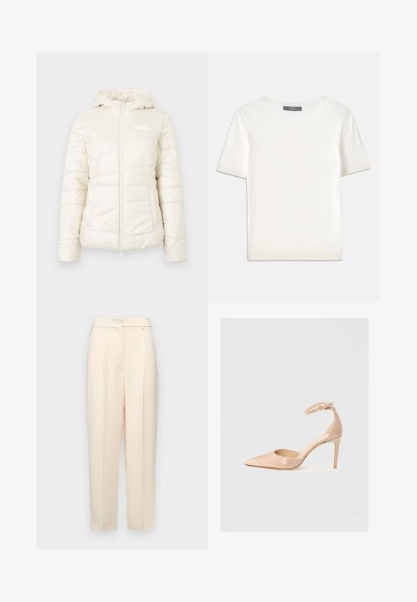 Kurtka puchowa w kolorze kremowym, z zamkiem z przodu, kapturem i pikowaną teksturą z poziomymi szwami. Zawiera małe logo na klatce piersiowej.; Biała krótki rękaw dzianinowa bluzka z okrągłym dekoltem, charakteryzująca się gładką teksturą i subtelnymi prążkowanymi akcentami na rękawach oraz u dołu.; Beżowe spodnie o kroju prostym, z fałdami z przodu, gładką teksturą i średnim stanem. Brak widocznych kieszeni.; Nude lakierowane buty na szpilce z odkrytym palcem i paskiem wokół kostki, charakteryzujące się gładką fakturą i minimalistycznym designem.