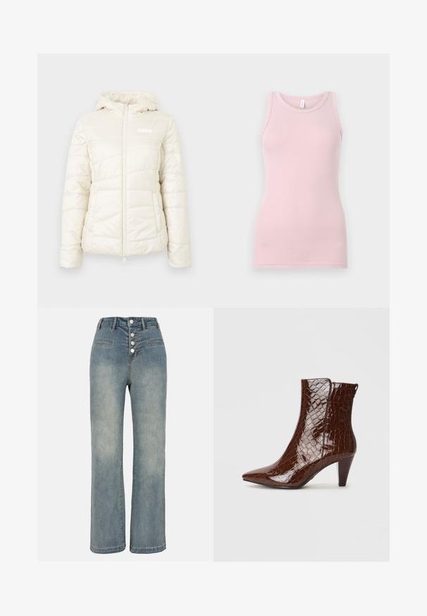 Puffer jacket in cream color, featuring a zip front, a hood, and a quilted texture with horizontal seams. Includes a small logo on the chest.; Light pink tank top made of soft, stretchy fabric. Features a round neckline and narrow shoulder straps, with a smooth texture and fitted shape.; Light blue denim wide-leg jeans with a high waist, five-button closure, and two front pockets. Smooth texture with subtle fading.; Brown faux crocodile leather ankle boot with a pointed toe and a tapered heel. Features a glossy texture and side zipper detail.