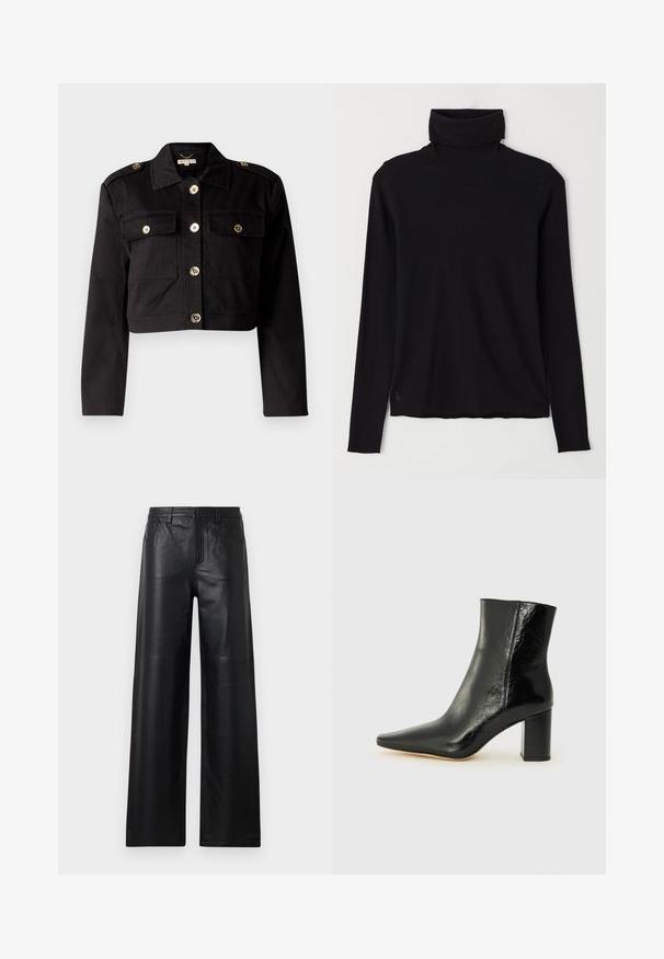Zwarte cropped jas van stevige stof met gouden knopen, twee borstzakken en schouderepauletten voor extra detail.; Zwarte coltrui van ribstof. Lange mouwen, aansluitend ontwerp en een iets relaxte zoom zonder zichtbare patronen of hardware.; Zwarte leren broek met wijde pijpen en een gladde textuur, voorzien van voorzakken, een knoopsluiting en subtiele stiksels.; Zwarte enkellaarsjes van glanzend leer met een puntige neus en een stevige, vierkante hak. Heeft een gladde textuur en een minimalistisch ontwerp.