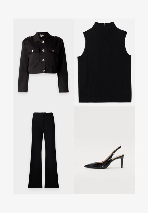 Jachetă croită neagră dintr-un material solid, cu nasturi aurii, două buzunare la piept și epauleți pentru un plus de detaliu.; Top negru fără mâneci, dintr-un material moale, având un guler înalt și o închidere cu fermoar la spate. Design simplu, fără modele sau accente.; Pantaloni negri evazați, cu o textură netedă, talie ajustată și buzunare frontale, proiectați cu o siluetă modernă, elegantă.; Pantofi slingback din piele patent neagră, cu vârful ascuțit, tocul subțire și un design discret cu decupaj. Se evidențiază printr-un cataramă aurie pe curea.
