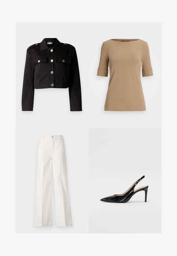 Czarna krótka kurtka z mocnego materiału, z złotymi guzikami, dwiema kieszeniami na piersiach i epoletami na ramionach dla dodatkowego efektu.; Beżowy top z krótkim rękawem i okrągłym dekoltem, z podwiniętymi mankietami i gładką teksturą. Mały detal z logo w pobliżu dołu.; Białe spodnie typu wide-leg wykonane z bawełny o gładkiej fakturze. Posiadają zapięcie na guzik z przodu, zamek błyskawiczny oraz cztery kieszenie.; Czarne lakierowane szpilki typu slingback z szpiczastym noskiem, smukłym obcasem i subtelnym wycięciem. Posiadają złotą klamrę na pasku.