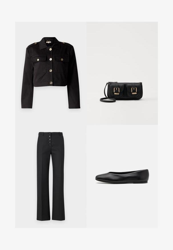 Sort cropped jakke i robust stof med guldfarvede knapper, to brystlommer og skulderepauletter for ekstra detaljer.; Ksubi DAUPHINE BUSTIER SHADOW - Top - black; The Kooples PANTALON - Bukser - black; Paul Smith TOPANGA - Ballerinasko - black; Sort læder crossbody taske med to frontlommer, guldspænder, lynlåslukning og en slank rem. Struktureret overflade og kompakt rektangulær form.