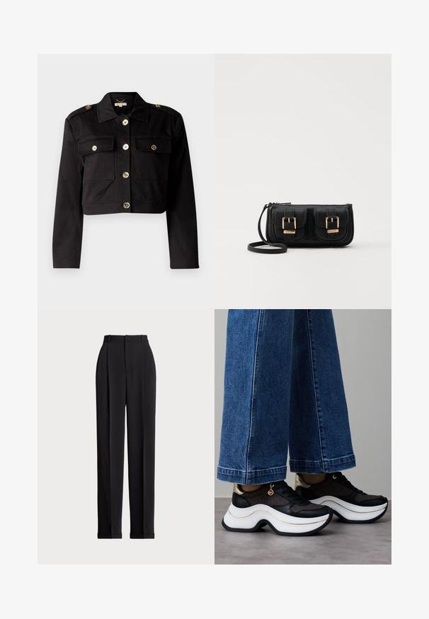 Sort cropped jakke i robust stof med guldfarvede knapper, to brystlommer og skulderepauletter for ekstra detaljer.; Sort bomulds T-shirt med korte ærmer, rund hals og et lille hvidt logo i nederste venstre hjørne. Klassisk, boxy pasform med minimal detaljering.; Sorte skrædderbukser med høj talje, der har folder fortil, en lige benlængde og ombukket kant. Lavet af glat stof.; Sorte og guld sneakers med en buet hvid sål. Tekstureret stof med logo-detaljer. Kombineret med brede blå denimbukser.; Sort læder crossbody taske med to frontlommer, guldspænder, lynlåslukning og en slank rem. Struktureret overflade og kompakt rektangulær form.