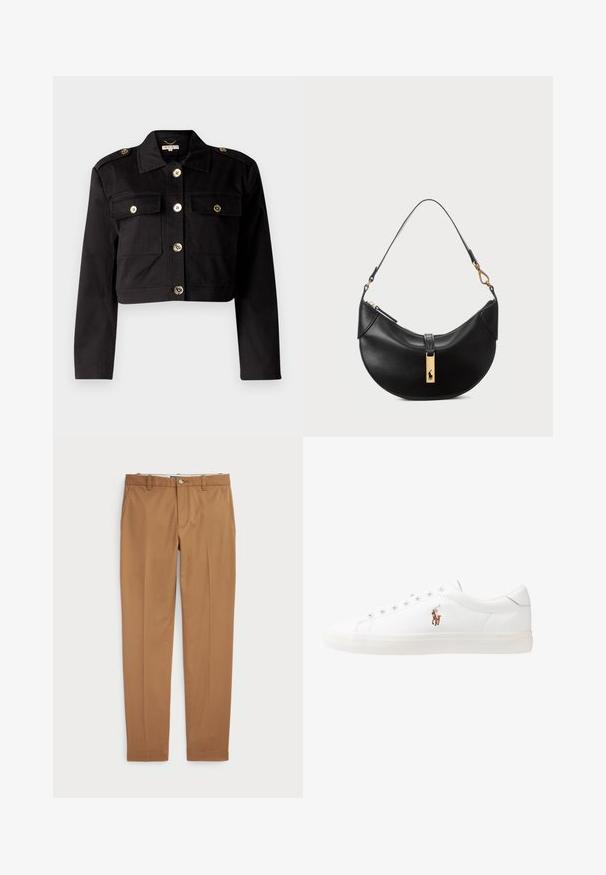 Must tükeldatud jack, mis on valmistatud tugevast kangast ja millel on kuldtooni nupud, kaks rinna taskut ja õlavarre epauletid, et lisada detaili.; Mustang musta puuvillane T-särk, ümar kaelus, lühikesed varrukad ja valge embroideritud logo vasakul rinnal. Sile tekstuur, juhuslik disain.; Pruunist puuvillast valmistatud püksid, millel on slim-fit disain, lapik eesmine osa ja tavalised taskud; sile tekstuur ja ääristatud sääreotsad.; Valged nahast tossud, madala ülaservaga disain, millel on sile tekstuur, ümar varvas, nööridega esiosa ja väike tikand logoga küljel.; Must musträik maximum ümmargune nahk kott. Omab kuldse metallist aksessuaari ja kitsast rihma. Sile tekstuur, lukuga sulgemine üleval.