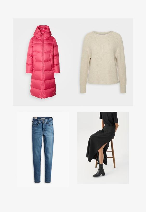 Marc O'Polo COAT FIXED HOOD WELT POCKETS SIDE SLITS BACKPACK BELTS - Geacă cu puf - sundown; Pulover tricotat de culoare roz deschis, cu guler rotund, mâneci raglan și manșete cu model din jerseu. Textura este moale, cu o croială lejeră și detalii minime.; Jeans skinny cu talie înaltă din denim de culoare albastră deschisă. Prezintă cinci buzunare, închidere frontală cu nasture și detalii clasice de cusătură pe tot parcursul.; Fustă maxi din in negru cu o fanta înaltă, purtată cu un tricou negru și cizmulițe negre până la gleznă. Design minimalistic cu o croială lejeră.