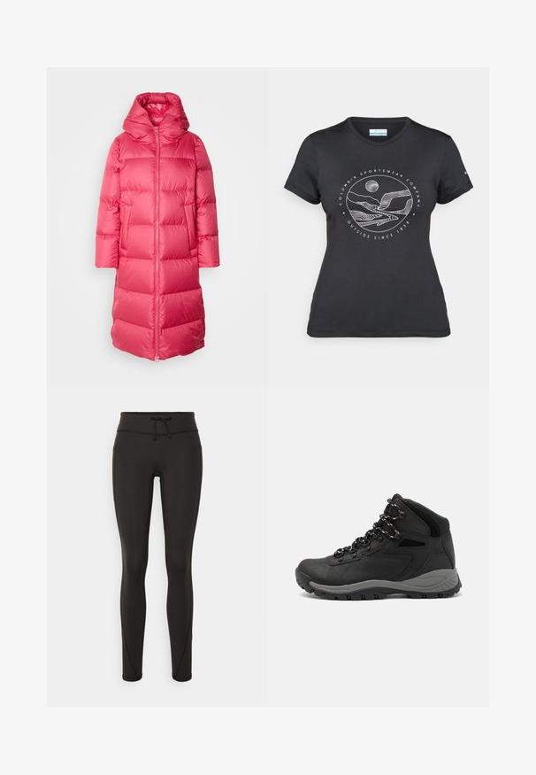 Marc O'Polo COAT FIXED HOOD WELT POCKETS SIDE SLITS BACKPACK BELTS - Tollkabát - sundown; Fekete Columbia póló fehér, kör alakú hegy és folyó vonalrajzzal, valamint a "Columbia Sportswear Company Outside Since 1938" felirattal.; Fekete leggings magas derékkal, zsinórral, sima textúrával és testhezálló kialakítással. Oldalt varrási részletekkel rendelkezik.; Fekete túracipő közepes magasságú kialakítással, texturált felsőrésszel, szürke részletekkel és strapabíró gumitalppal, amelynek tapadós kiemelkedései vannak.