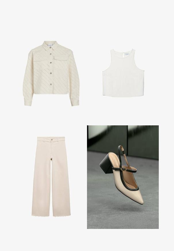 Kratka kremna srajca s gumbi, izdelana iz teksturirane tkanine z diagonalnimi izrezi. Ima dva žepa na prsih in gumbe v srebrni barvi.; Bela brezrokavna majica z okroglim dekoltejem, ki se ponaša z diskretno teksturo, detajlom ključavnice na hrbtu in ravnim robom.; Bež jeans hlače širokega kroja z visokim pasom, z zapiranjem na gumb, sprednjimi žepi in raztrganim robom. Narejene iz denima.; Bežna slingback čevlja z uskim sprednjim delom, črnimi detajli, zlatim zaponko in debelim blokovskim peto na sivi tleh s temno zeleno ozadje.