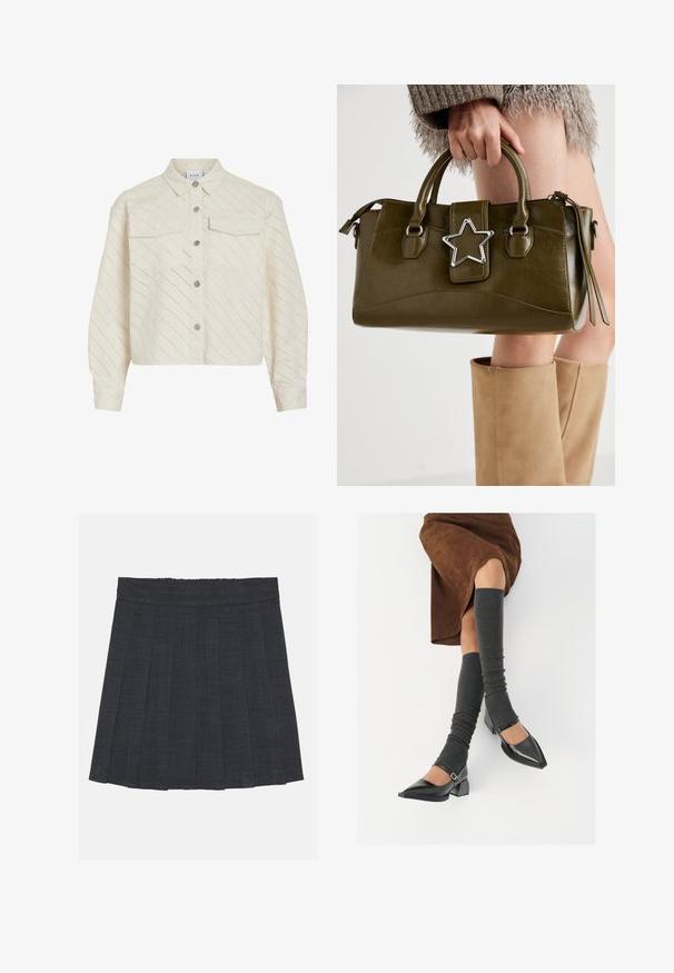 Rövidített, krém színű inget viselő felső, texturált anyagból, átlós kivágásokkal. Két mellzsebe és ezüstszínű gombjai vannak.; Off-white kötött anyagú crop top. Hosszú ujjak, bordás textúrával és kis kivágásokkal a nyakkivágás körül.; Sötétszürke pliszírozott szoknya rugalmas derékkal, texturált anyagból, klasszikus A-vonalú sziluettel. Alkalmas mindennapi viseletre.; Fekete lakk bőrből készült, hegyes orrú cipők, tömbsarkúakkal és bokapánttal, szürke bordás lábszármelegítőkkel és barna velúr szoknyával párosítva.; Olívazöld műbőr kézitáska ezüst csillag díszítéssel, dupla fogantyúval és cipzáros zárással. Texturált felület és formázott alak.