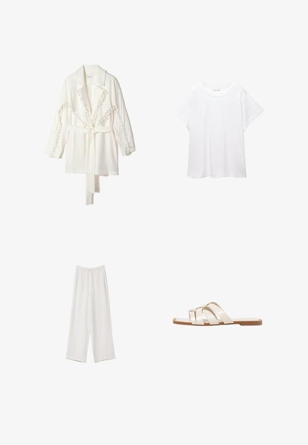 Bílá lehká bunda s límcem, která má texturované pompomy na okrajích a odpovídající pásek na zapínání. Dlouhé rukávy.; Bílý tričko vyrobené z měkké, lehké tkaniny. Má kulatý výstřih a krátké, široké rukávy s uvolněným střihem. Bez viditelných vzorů.; Bílé široké kalhoty vyrobené z lehké tkaniny. Mají elastický pas se šňůrkou a boční kapsy. Hladká textura.; Ploché sandály s hnědou gumovou podrážkou, navržené se třemi překrývajícími se bílými koženými řemínky a malým mašlí uprostřed.