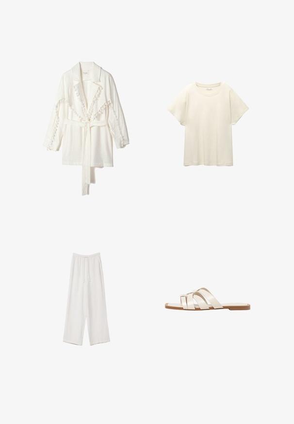 Biela ľahká bunda s golierom, s textúrovaným pom-pom lemovaním pozdĺž okrajov a zodpovedajúcim opaskom na zapínanie. Dlhé rukávy.; Svetlo béžové tričko s krátkym rukávom a okrúhlym výstrihom, vyrobené z jemnej, hladkej tkaniny. Má voľný strih a rovný lem.; Biele široké nohavice vyrobené z ľahkej tkaniny. Obsahujú elastický pás so sťahovacou šnúrkou a bočné vrecká. Hladká textúra.; Ploché sandále s hnedou gumovou podrážkou, navrhnuté s tromi prekrývajúcimi sa bielymi koženými popruhmi a malou mašličkou uprostred.