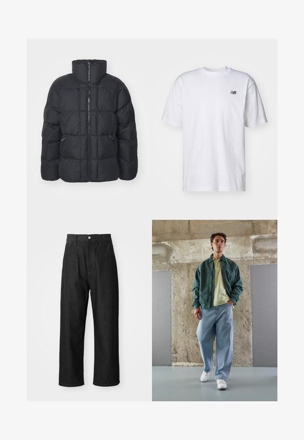 Czarna kurtka puchowa z wysokim kołnierzem, z zamkiem błyskawicznym, pikowanym designem z widocznymi segmentami oraz bocznymi kieszeniami. Gładka tekstura.; Biała, krótka koszulka z okrągłym dekoltem z krótkim rękawem z małym czarnym logo New Balance na lewej piersi na jednolitym tle.; Czarne dżinsy o luźnym kroju, wysokim stanie, z zapięciem na zamek i pięcioma kieszeniami. Widoczne przeszycia nadające stylu.; Zielona kurtka bomberka noszona na jasnożółtym polo, w połączeniu z luźnymi niebieskimi dżinsami i białymi sneakersami. Gładkie materiały, luźny krój, minimalna ilość dodatków.