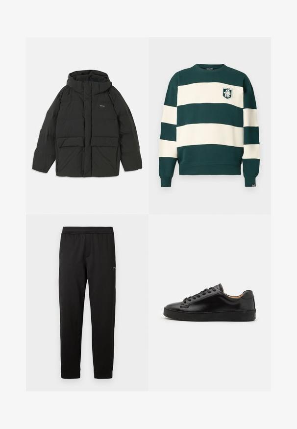 Schwarze Pufferjacke mit Kapuze. Verfügt über einen Reißverschluss vorne, zwei große Fronttaschen und eine glatte, gesteppten Textur. Logo auf der Brust.; Dunkelgrüner und weiß gestreifter Langarmpullover mit "Italy EA7"-Abzeichen auf der Brust und kleinem EA7-Tag am Ärmel.; Schwarze Sweatpants mit elastischem Bund und schmal zulaufenden Beinen sowie kleinem Logo am Oberschenkel, auf weißem Hintergrund präsentiert.; Schwarze Ledersneaker mit einer glatten Oberfläche, runder Zehenpartie und schwarzen Schnürsenkeln. Verfügt über ein minimalistisches Branding an der Ferse und eine Gummisohle.