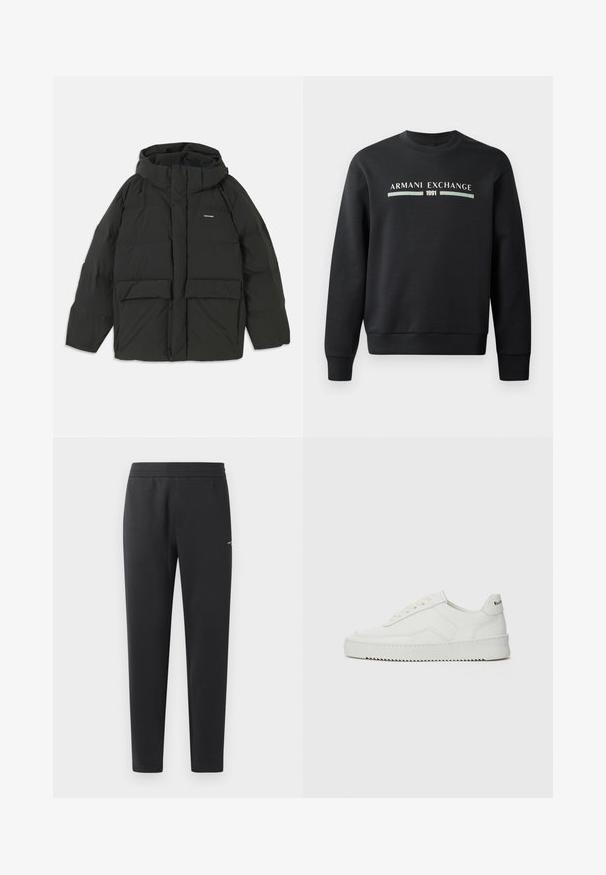 Mustat puffatakki hupulla. Varustettu vetoketjulla edessä, kahdella suurella etupussilla ja sileällä, tikatuilla tekstuurilla. Logo rinnassa.; Mustapaita, joka on valmistettu pehmeästä kankaasta. Tässä on pyöreä kaula-aukko ja pitkät hihat. Edessä on tekstit "ARMANI EXCHANGE" ja "1991" kontrastiväreillä.; Mustat verkkarit, jotka on valmistettu pehmeästä kankaasta. Niissä on joustava vyötärö, suorat lahkeet ja pieni logo-yksityiskohta sivulla.; Valkoinen nahkakenkä, jossa on sileä pinta, pyöreä kärki, tasaiset nauhat ja teksturoitu pohja. Sisältää huomaamattoman logon kantapäässä.