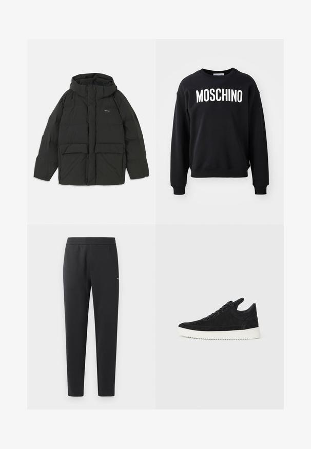 Black puffer jacket with a hood. Features a zip front, two large front pockets, and a smooth, quilted texture. Logo on the chest.; Black sweatshirt made from soft fabric featuring a round neckline and ribbed cuffs. Prominent white "MOSCHINO" logo across the front.; Black jogger pants made of soft fabric, featuring an elastic waistband, straight legs, and a single small logo detail on the side.; Black suede sneaker with a white rubber sole, featuring tonal stitching and lace-up design. Smooth texture with a modern, streamlined shape.