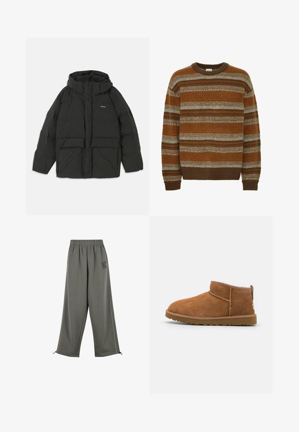 Giacca a vento nera con cappuccio. Caratterizzata da una chiusura con zip frontale, due grandi tasche anteriori e una texture liscia e trapuntata. Logo sul petto.; Solid SDMAXWELL - Maglione - slate black; Karl Kani KK OS SIDESTRIPE - Pantaloni - grey; Stivaletto in camoscio color tan con punta rotonda, dettagli di cucitura discreti e suola in gomma texture. Altezza ridotta senza lacci.