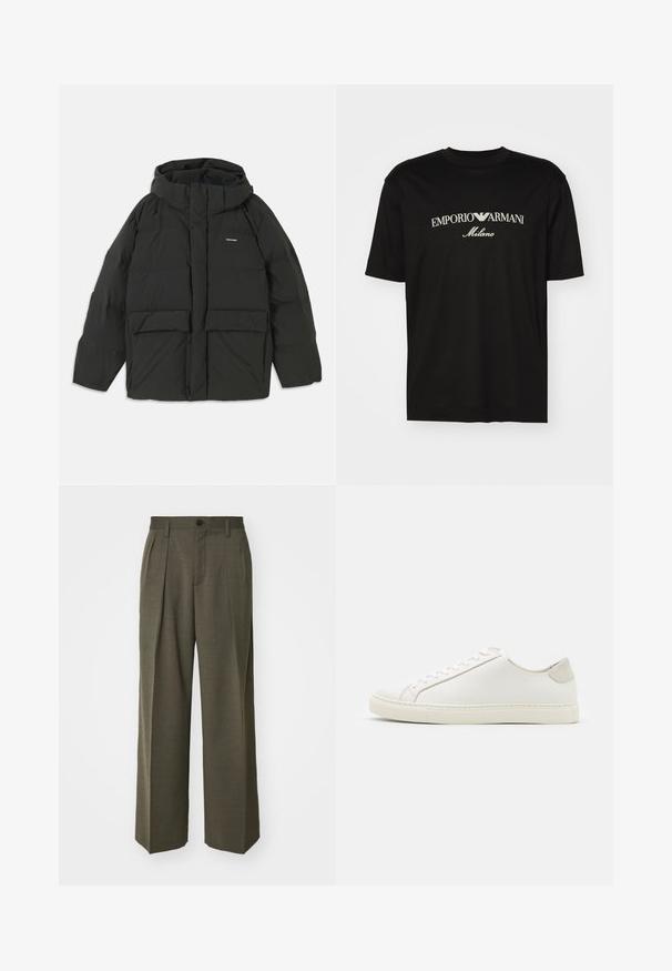 Schwarze Pufferjacke mit Kapuze. Verfügt über einen Reißverschluss vorne, zwei große Fronttaschen und eine glatte, gesteppten Textur. Logo auf der Brust.; Schwarzes Baumwoll-T-Shirt mit Rundhalsausschnitt, kurzen Ärmeln und dem "EMPORIO ARMANI"-Logo in Weiß über dem geschwungenen Schriftzug "Milano".; Filippa K WIDE TROUSERS - Stoffhose - driftwood; Weiße Leder Sneakers mit glatter Oberfläche, runder Zehenform und minimalistischem Design. Mit beigen Akzenten an der Ferse und einer Gummisohle.