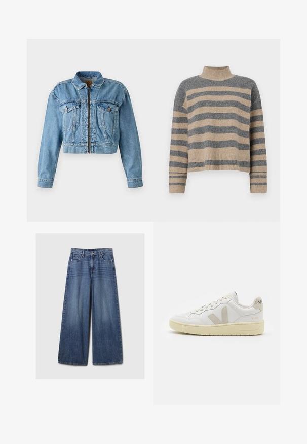 Lyhyt vaaleansininen farkkutakki, jossa on etuvetoketju, kaksi rintataskua ja pitkät hihat. Kulunut pinta, jossa näkyvät saumat.; Raidallisen neulepaidan harmaan ja beigen sävyiset värit, korkea kaulus, leveät hihansuut ja rento istuvuus lyhyellä leikkauksella.; Vaaleansiniset, leveälahkeiset farkut, joissa on haalistunut viimeistely. Ne sisältävät napin ja vetskarin, viisi taskua sekä vyölenkit.; Valkoiset nahkakengät, joissa on vaaleanruskeat pigmenttisuojat, rei'itetty kärki, litteät nauhat ja teksturoitu kermaisa pohja. Takana on huomaamaton brändäys.