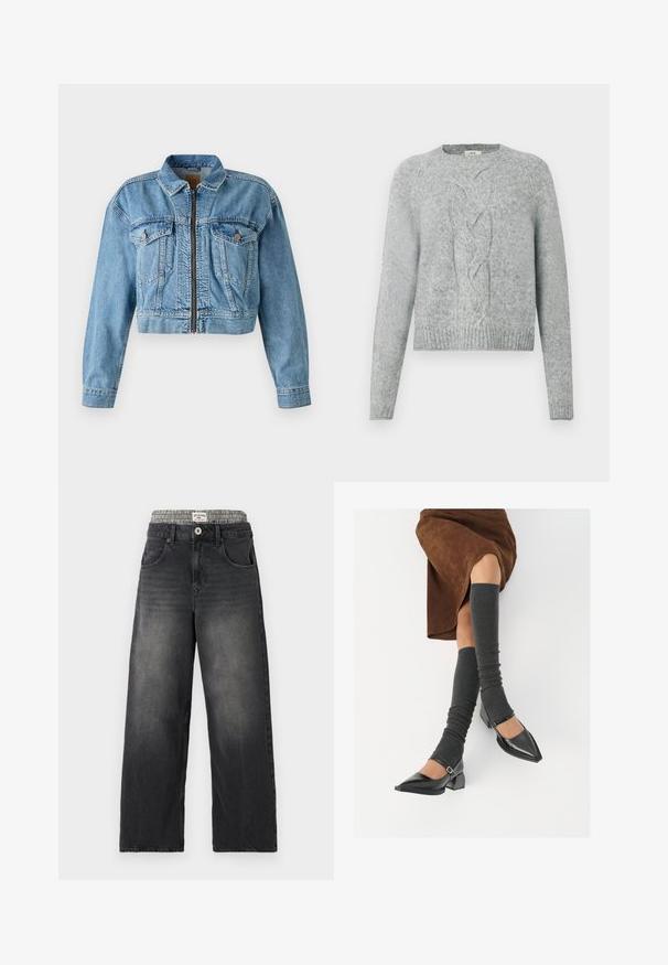 Jachetă din denim croită, de culoare albastră deschisă, cu fermoar în față, două buzunare la piept și mâneci lungi. Textură uzată cu cusături vizibile.; Pulover tricotat de culoare gri deschis, cu mâneci lungi, de tip crew neck și un model central de tricotaj în formă de cablu pe față.; Jeans negre din denim cu croi larg, dotate cu un brâu cu model houndstooth. Caracteristici includ buzunare frontale și închidere cu buton. Textură uzată.; Pantofi negri din piele lacuită, cu vârful ascuțit, toc bloc și curea la glezna, asortați cu jambiere gri cu nervuri și o fustă din suede maro.