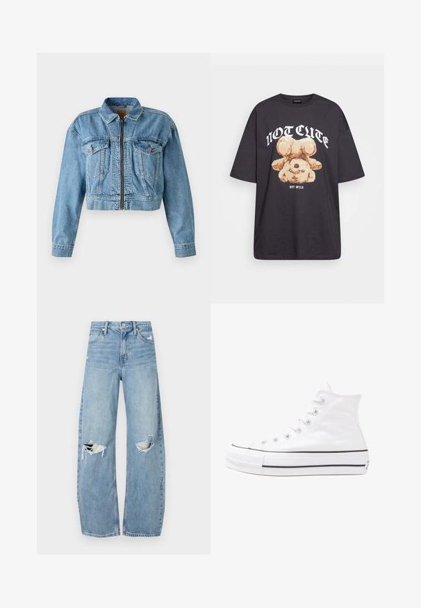 Cropped denim jacket in light blue, featuring a front zipper, two chest pockets, and long sleeves. Distressed texture with visible stitching.; Black oversized t-shirt featuring a graphic of a bear with the text “NOT CUTE BUT WILD” in bold, white lettering. Cotton material.; Light blue, high-waisted jeans made of denim. Feature wide legs, two torn knee areas, and classic five-pocket styling.; White high-top canvas sneaker with black rubber sole, front rubber toe cap, and six eyelets for laces, featuring a clean, minimalist design.