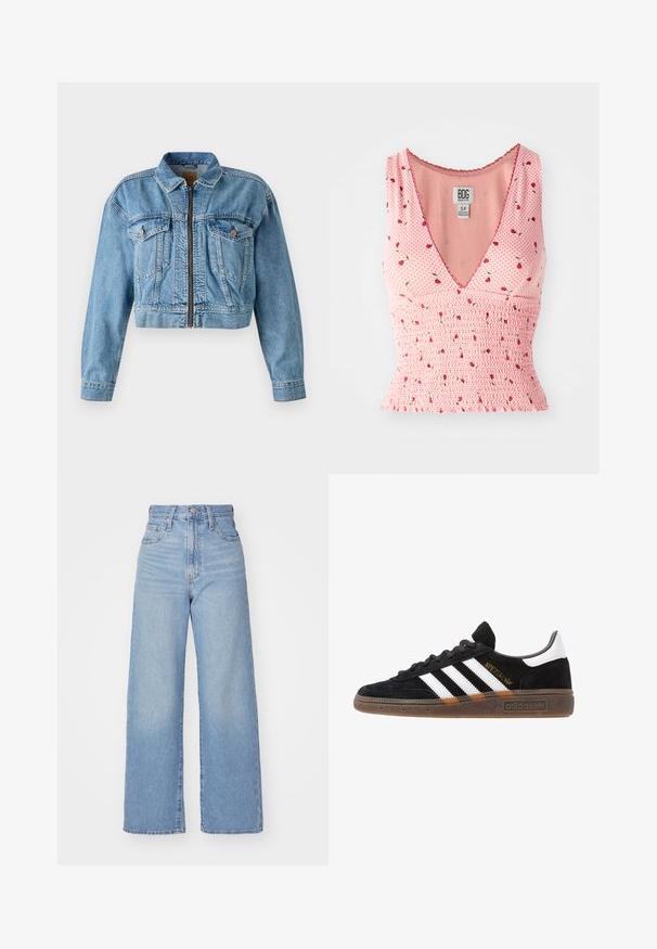 Geknipte spijkerjack in lichtblauw, met een rits aan de voorkant, twee borstzakken en lange mouwen. Versleten textuur met zichtbare stiksels.; Roze mouwloos topje met een V-hals, voorzien van gerimpelde details en een bloemenprint. Kleine rode bloemen zijn verspreid over een stippenachtergrond.; Lichtblauwe high-waist wijde jeans met een knoop- en ritssluiting aan de voorkant, voor- en achterzakken, op een witte achtergrond.; Zwarte Adidas sneaker met witte strepen, gouden "Spezial" tekst, gumzool en witte hieltab, weergegeven in zijaanzicht.