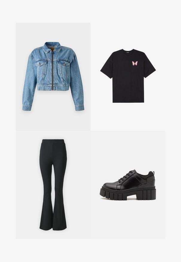 Világoskék, cropped farmerdzseki, elülső cipzárral, két mellzsebbel és hosszú ujjakkal. Megkopott textúra, látható varrással.; Fekete pamut póló rövid ujjakkal, bal mellkason egy kis rózsaszín pillangó grafikával. Kerek nyakú kialakítás, laza fazonnal.; Fekete, bővülő nadrág rugalmas anyagból. Magas derékkal és sima, testhezálló kialakítással rendelkezik, amely a térdtől lefelé bővül.; Fekete bőr platform cipők vaskos blokk sarkakkal, kerek orral és hagyományos fűzős kialakítással. Simára csiszolt felület és minimális részletezés jellemzi.