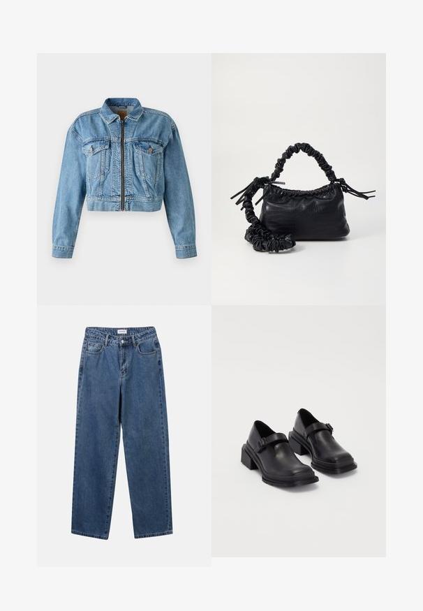 Gaismas zilas krāsas apgriezta džinsu jaka, kurai ir priekšējais rāvējslēdzis, divas krūšu kabatas un garas piedurknes. Nodilušas tekstūras ar redzamām šuvēm.; YAS YASMILLE - Polo krekls - black/star white; Klasiskie zili džinsi ar taisnu kāju dizainu, pieciem kabatām un pogu aizdari. Iezīmējas ar vidēju mazgāšanu un izturīgu tekstūru.; Melnas ādas kurpes ar noapaļotu purngalu, plakanu zoli un siksniņu ar sprādzi. Masīvs bloku papēdis papildu stabilitātei.; Melnā mākslīgās ādas rokassoma ar krokodila rakstu, savilkta augšdaļa un saburzīta siksna. Izskatās mīksta un kompakta pēc dizaina.