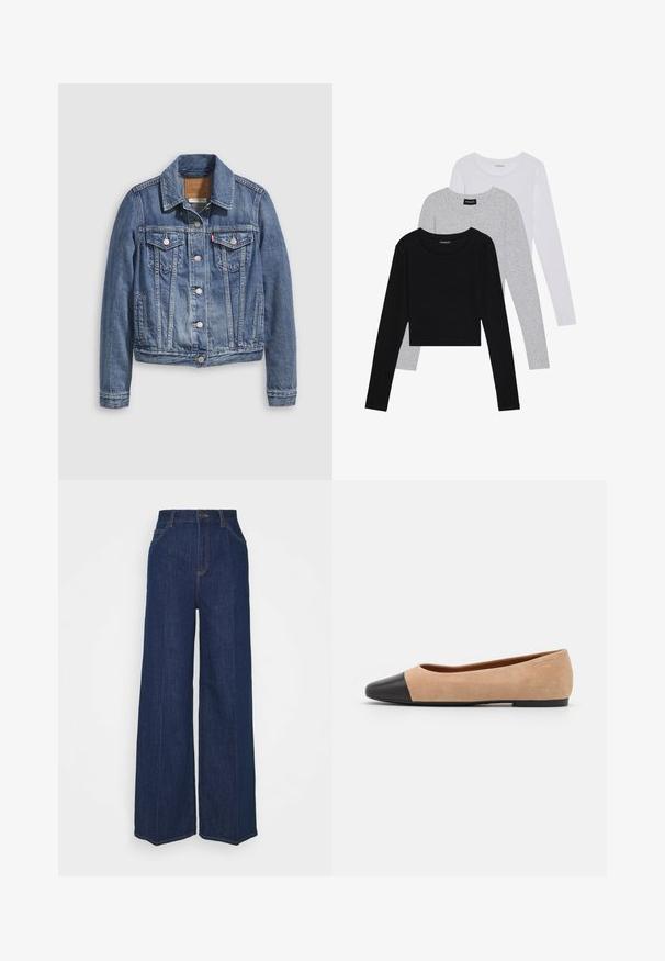 Jeansjacke in mittlerem Blau mit klassischem Kragen, Knopfleiste, zwei Brusttaschen und goldfarbenen Beschlägen. Mit Used-Effekt.; Drei langärmelige Oberteile gestapelt: schwarz, grau und weiß. Jedes hat einen runden Halsausschnitt und ein kurzes Design aus glattem, leichtem Stoff.; Hochtaillierte, weit geschnittene, dunkelblaue Jeans aus Denim mit Front- und Gesäßtaschen, Knopfverschluss und sichtbaren Nähdetails.; Beige Wildleder Ballerina mit einer runden Zehenkappe aus schwarzem Leder, niedrigem Absatz und glatter Textur, mit minimaler Nahtverarbeitung und klarem Design.