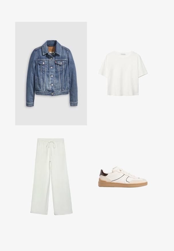 Denimjakke i mellemblå med klassisk krave, knaplukning foran, to brystlommer og guldfarvet hardware. Slidt teksturdetalje.; Hvid kortærmet t-shirt lavet af bomuld. Har en rund halsudskæring og en afslappet pasform. Glat tekstur uden synlige mønstre eller detaljer.; Hvide bukser med bred ejer lavet af blødt stof. Har en elastisk talje med snor og en glat tekstur. Ingen synlige mønstre eller hardware.; Stradivarius Sneakers - white