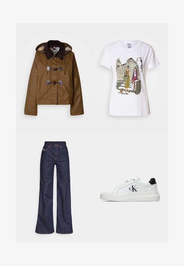 Bruine hoodie jas met een corduroy kraag, toggelsluiting en een gevoerde binnenvoering met een patroon. Gelaagde stofafwerking.; Witte katoen T-shirt met een geprinte illustratie van twee vrouwen in urban mode stijlen met een hond op een zebrapad en stadsgebouwen.; Donkerblauwe wijde jeans van denimstof met een hoge taille, voorzien van oranje stiksels, een vijf-pocket ontwerp en een knoopsluiting.; Witte lage sneaker met zwarte hiel tab, plateauzool, veters en Calvin Klein "CK" logo aan de zijkant.