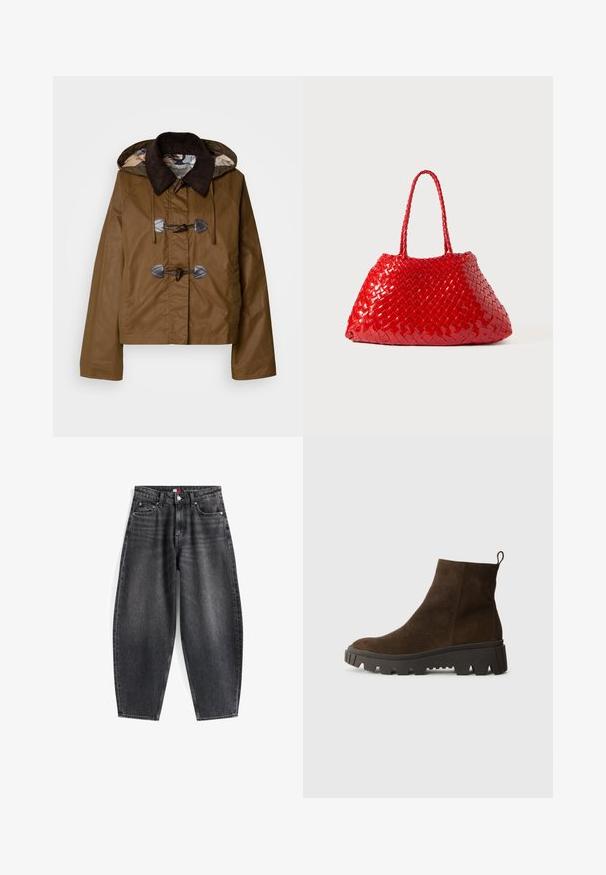 Brown hooded jacket with corduroy collar, toggle fastenings, and a quilted inner lining featuring a patterned design. Textured fabric finish.; Light blue long-sleeve polo shirt with horizontal gray and white stripes and a collared neckline.; High-waisted black denim jeans with a relaxed fit, featuring five pockets, belt loops, and a branded waistband label.; Brown suede ankle boot with a chunky black rubber sole, featuring a slight heel and a pull tab at the back for easy wear.; Red woven handbag with glossy finish, featuring braided handles. Distinctive triangular shape and textured surface with a tight pattern.