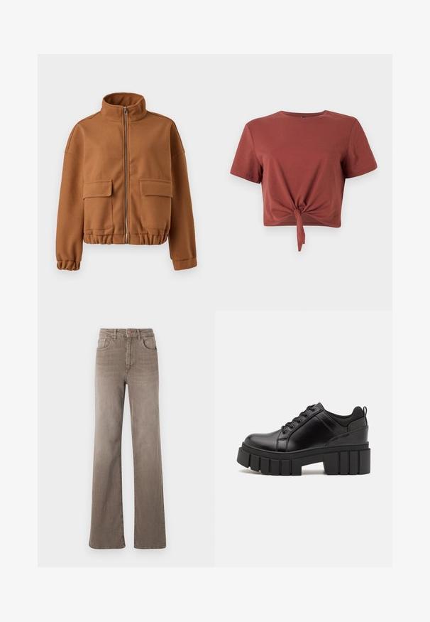 Jachetă din fleece maro cu guler înalt, închidere cu fermoar, două buzunare frontale cu clapetă și manșete și tiv elastic. Textură netedă, design scurt.; Tricou scurt, de culoare ruginită, din bumbac moale, cu mâneci scurte și un detaliu nodat în față. Textură netedă, decolteu rotund.; Jeans maro cu talie înaltă, drept, cu buton frontal, bucle pentru curea și design clasic cu cinci buzunare, pe un fundal alb.; Pantofi cu talpă plată din piele neagră, cu toc gros, vârf rotund și design tradițional cu șireturi. Prezintă o textură netedă și detalii minime.