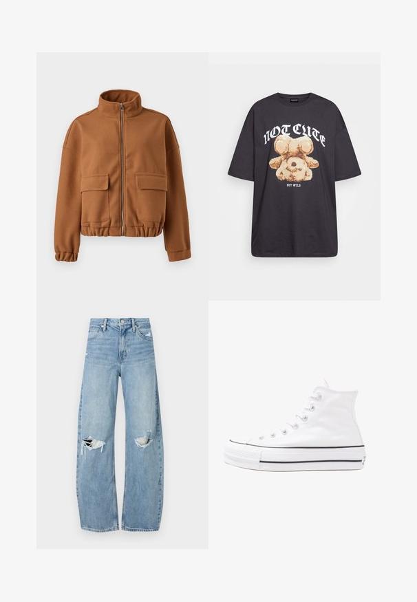 Casaco de fleece castanho com colarinho alto, fecho de correr, dois bolsos frontais aplicados e punhos e parte inferior elásticos. Textura suave, design cropped.; T-shirt oversized preto com uma gráfica de um urso e o texto "NÃO FOFO, MAS SELVAGEM" em letras brancas e em negrito. Material em algodão.; Jeans de lavagem clara, de cintura alta, feitos de denim. Apresentam pernas largas, duas áreas rasgadas nos joelhos e o estilo clássico de cinco bolsos.; Sapatilha alta de tela branca com sola de borracha preta, bico de borracha na frente e seis ilhós para os atacadores, apresentando um design limpo e minimalista.