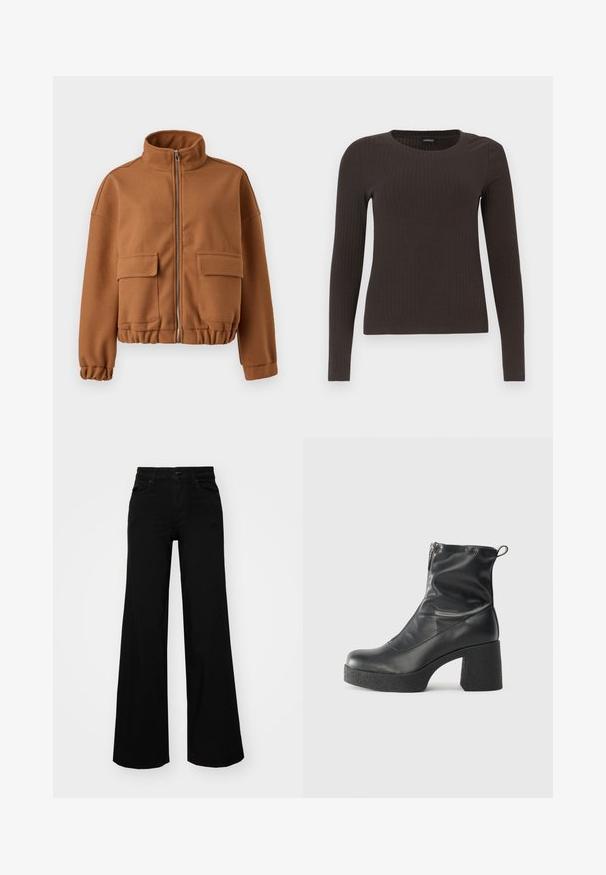 Chaqueta de forro polar marrón con cuello alto, cierre de cremallera, dos bolsillos de parche en la parte delantera y puños y dobladillo elásticos. Textura suave, diseño cropped.; Top marrón de manga larga y con ribete, con cuello redondo. Fabricado con un material suave y elástico, presenta una silueta ajustada y un diseño minimalista.; Pantalones de mezclilla de pierna ancha y color negro, con una cinturilla estructurada, pasadores para cinturón y bolsillos frontales. Textura suave con un diseño clásico.; Botines negros de tobillo, hechos de cuero suave, con cierre lateral, tacón grueso texturizado y diseño de punta redondeada.