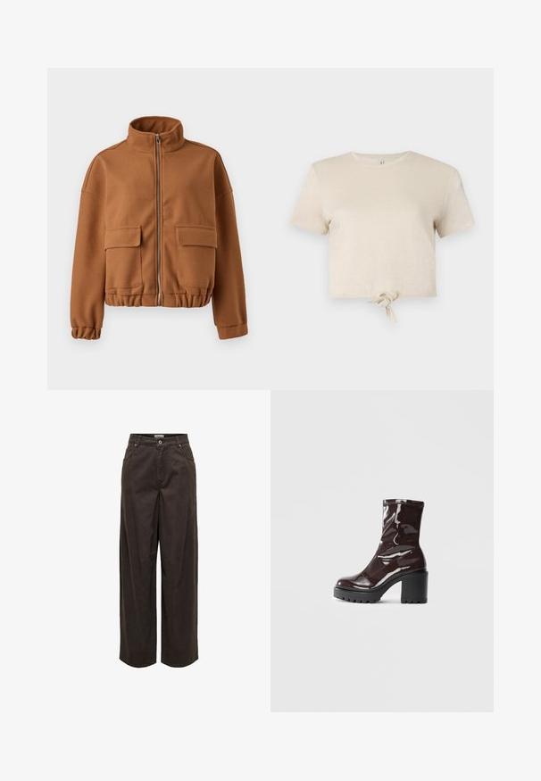 Rudas pūkuotukas su aukštu apykakle, užtrauktuku, dviem priekiniais kišeniais ir elastinėmis rankogaliais bei apačia. Lygus paviršius, trumpas dizainas.; Trumpas smėlio spalvos marškinėliai, pagaminti iš blizgančio audinio, su trumpomis rankovėmis ir mazgo detale apačioje. Lygus audinys ir apvalus iškirpimas.; Tamsiai rudos, plačios kojinės kelnės, pagamintos iš medvilnės, turinčios klasikinį juosmenį, užtrauktuką, penkias kišenes ir minimalistinius siuvinėjimo elementus.; Blizgus burgundių spalvos kulknapis su tankiu juodu kulnu, pasižymintis lygiu paviršiumi ir paprastu dizainu. Nėra matomų užsegimų ar raštų.