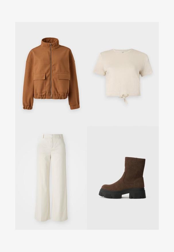 Bruine fleecejack met een hoge kraag, ritssluiting, twee opgestikte zakken aan de voorkant en elastische manchetten en zoom. Glad oppervlak, cropped ontwerp.; Beige cropped t-shirt van glanzende stof met korte mouwen en een geknoopte detail aan de onderrand. Gladde textuur en ronde halslijn.; Brede broek in een lichte beige kleur, gemaakt van een gladde stof. Kenmerkt zich door een klassieke tailleband en een vlakke voorkant met strakke lijnen.; Bruine suède enkellaarzen met een gestructureerde afwerking, ronde neus en een chunky zwarte rubberen zool met een loopvlakpatroon.