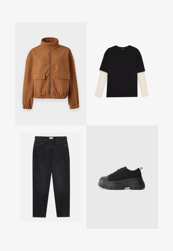 Pruun fliistekandja kõrge kaelusega, lukuga kinnitatud, kahe esise patch-taskuga ning elastsete mansettide ja alläärega. Sile tekstuur, lühem disain.; Mustmust särk, mis on valmistatud puuvillast, lühikeste varrukatega, valge pika varrukaga kihi peal, millel on peene tekstuuriga muster. Ümar kaelus.; Mustard värvi teksapüksid, millel on mugav lõige, nöörvöö ja viis taskut. Sile tekstuur minimaalsete kulumismärkide ja kontrastsete õmblustega.; Mustad mustad mustikad, millel on tugev kummist põhi, tekstuuriga kangast pealis, ümar varvas ja seotud disain. Omab tugevdatud silmuseid ja tagumist tõmbeotsta.