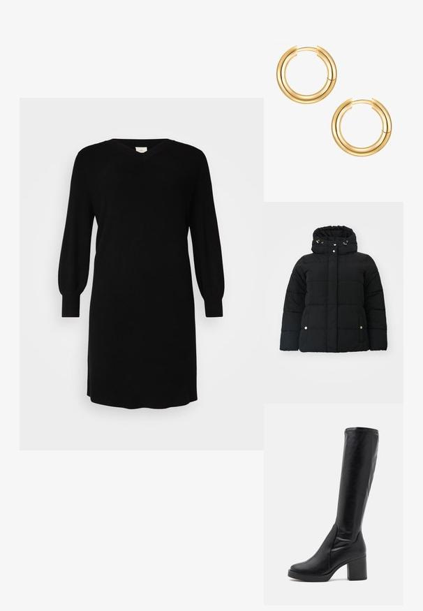 Vero Moda Curve FARAH JACKET - Winterjacke - black; Schwarzes Strickkleid mit V-Ausschnitt, langen Ballonärmeln und gerippten Bündchen. Einfaches Design mit geradem Schnitt und knielangem Saum.; Schwarze knielange Stiefel aus glattem Leder mit einem breiten Absatz und einer abgerundeten Spitze. Mit nahtlosem Design und subtilen Nähakzenten.; Goldene Creolenohrringe mit einem doppellagigen Design. Glatte, glänzende Oberfläche mit einem nahtlosen Verschlussmechanismus. Runde Form mit modernem Aussehen.