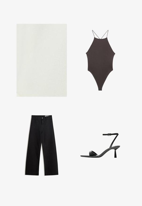Valkoinen pellavakangas, jossa on sileä pinta ja hienovarainen, luonnollinen kudontamalli. Ei huomattavia yksityiskohtia tai varusteita.; Ruskea, korkeakauluksinen yksiosainen uimapuku, jossa on ohuet, säädettävät hihnat; siinä on korkea lahje ja sileä tekstuuri. Ei kuvioita tai koristeita.; Mustat leveät farkut korkealla vyötäröllä, joissa on etu- ja takataskut, ommellut saumat ja nappisuljenta. Silkinoinen rakenne.; Bershka Korolliset sandaalit - black