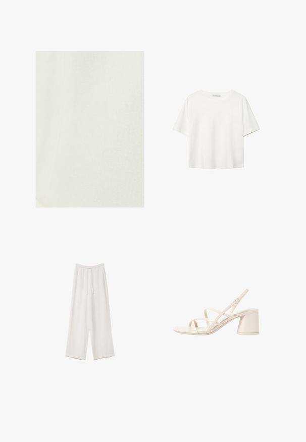 Weißer Leinenstoff mit glatter Textur, der ein dezentes, natürliches Webmuster zeigt. Keine bemerkenswerten Akzente oder Beschläge vorhanden.; Weißes T-Shirt mit kurzen Ärmeln aus Baumwolle. Hat einen Rundhalsausschnitt und eine lockere Passform. Glatte Textur ohne sichtbare Muster oder Akzente.; Weiße weit geschnittene Hose aus leichtem Stoff. Mit einem elastischen Bund und Kordelzug sowie Seitentaschen. Glatte Textur.; Beige High Heels Sandalen mit schlanken, überkreuzten Riemen, offener Zehenpartie und einem quadratischen Blockabsatz. Glänzende Lack-Oberfläche, verstellbarer Knöchelriemen.