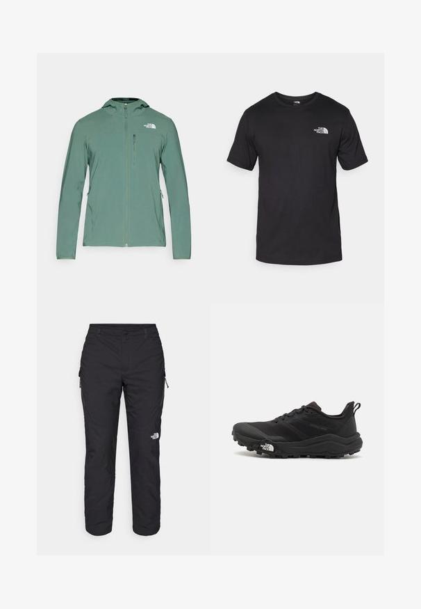 Žalias lengvas švarkas, pagamintas iš minkštos, tamprios medžiagos, su užtrauktuku priekyje, reguliuojama kapuce ir šoninėmis užtrauktukais kišenėmis. Ant krūtinės yra logotipas.; Juodas trumpas rankovės marškinėliai, pagaminti iš medvilnės, su apvaliu kaklu ir mažu baltu logotipu viršutiniame kairiajame krūtinės kampe.; The North Face WINTER EXPLORATION TAPERED CARGO - Lauko kelnės - black; Juoda bėgimo batai su tekstūruotu paviršiumi, guma padais ir sustiprinta pirštų dalimi. Yra paminkštinta apykaklė ir kilpos, leidžiančios lengvai užsidėti.