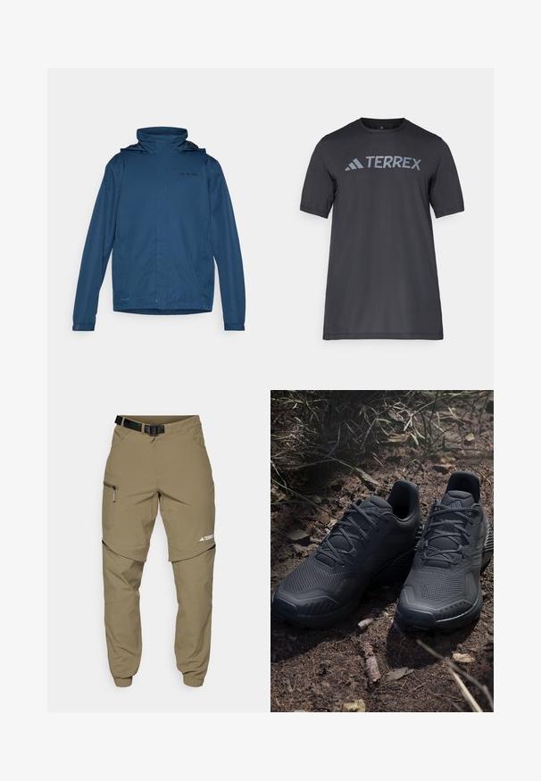 Modra lahka jakna z visokim ovratnikom, nastavljivo kapuco in dolgimi rokavi. Ima gladko teksturo in subtilen logotip na prsih.; Črna majica s kratkimi rokavi iz lahkega materiala, ki ima odtisnjen svetlo sivi logotip "TERREX" čez prsi in okrogel izrez.; Khaki zunanji hlače z nastavljivim črnim pasom, žepi z zadrgo, ožji konci in snemljivi spodnji deli za vsestranski slog.; Črne športne čevlje z teksturiranim pletenim zgornjim delom, ojačanim prstom in podplatom s podlogo, prikazane na zemeljskem terenu z raztresenimi vejicami.