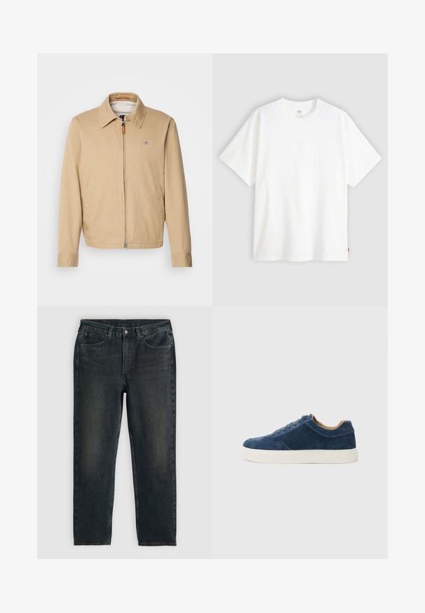 Beige, lichtgewicht jas met een kraag, een ritssluiting aan de voorkant, twee zijzakken en een klein logo op de borst. Vlekkeloos materiaal, casual design.; Witte pique t-shirt met korte mouwen van katoen en een ronde hals. Heeft een subtiele reliëf logo-detail aan de voorkant en een rood label aan de zoom.; Donkerblauwe denim jeans met een recht model, voorzien van vijf zakken, een ritssluiting en contrasterende stiksels. Subtiele vervaging op de stof.; Blauwe suède sneaker met witte rubberen zool, vetersluiting, ronde neus en contrasterend tan interieur. Subtiele stiksels.